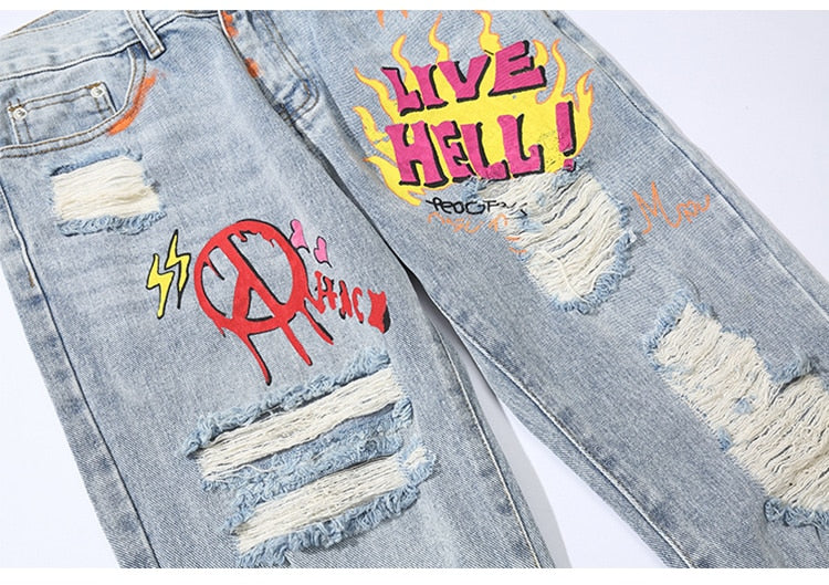 Men Broken Hole Trousers Cute Letter Print Jeans High Street Casual Streetwear | Vimost Shop.