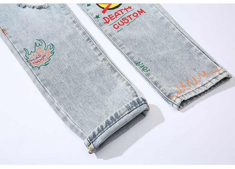 Men Broken Hole Trousers Cute Letter Print Jeans High Street Casual Streetwear | Vimost Shop.