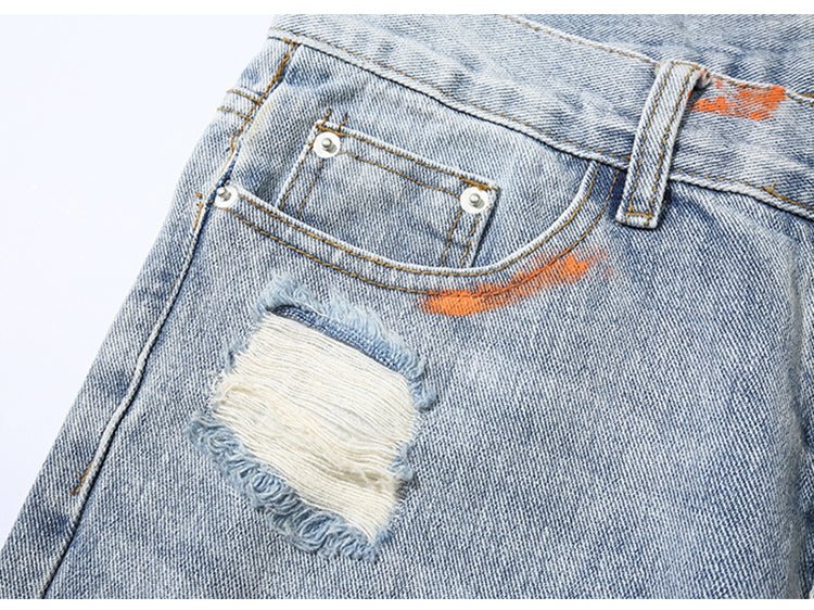 Men Broken Hole Trousers Cute Letter Print Jeans High Street Casual Streetwear | Vimost Shop.