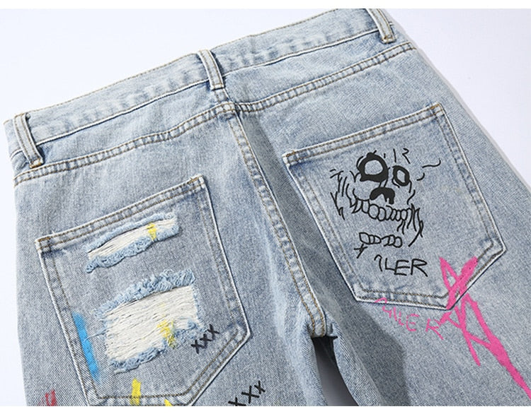 Men Broken Hole Trousers Cute Letter Print Jeans High Street Casual Streetwear | Vimost Shop.