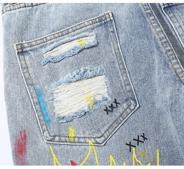 Men Broken Hole Trousers Cute Letter Print Jeans High Street Casual Streetwear | Vimost Shop.