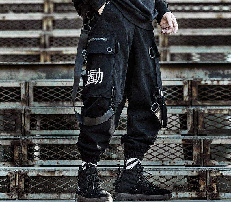 Kanji Ribbons Cargo Pants Men Multi Pockets Harajuku Hip Hop Streetwear Joggers Trouser Techwear Pants | Vimost Shop.