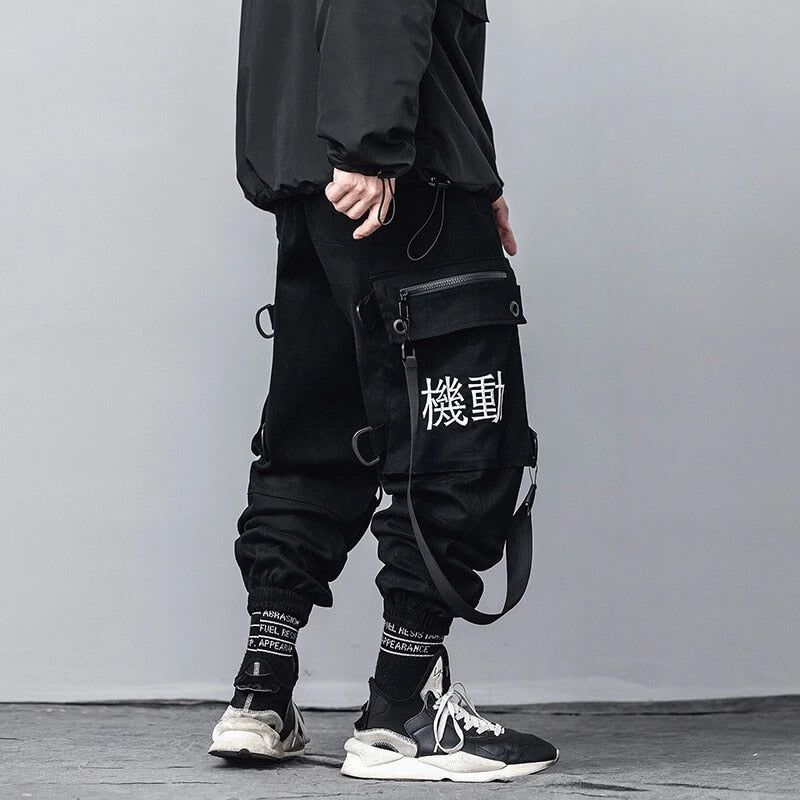 Kanji Ribbons Cargo Pants Men Multi Pockets Harajuku Hip Hop Streetwear Joggers Trouser Techwear Pants | Vimost Shop.