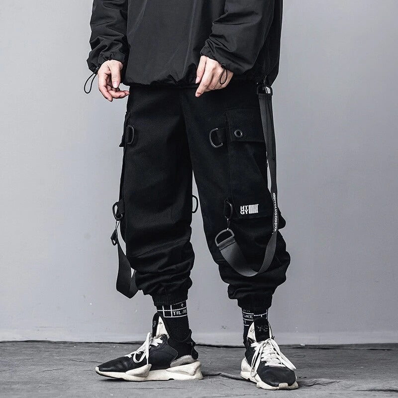 Kanji Ribbons Cargo Pants Men Multi Pockets Harajuku Hip Hop Streetwear Joggers Trouser Techwear Pants | Vimost Shop.