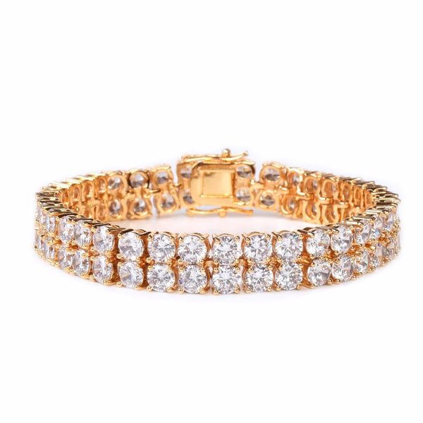 Mens Zircon Tennis Bracelet Chain Charm Hip Hop Style Fashion Jewelry Iced Finish 2 Row Gold Color Tone AAA CZ Bracelet Link 8