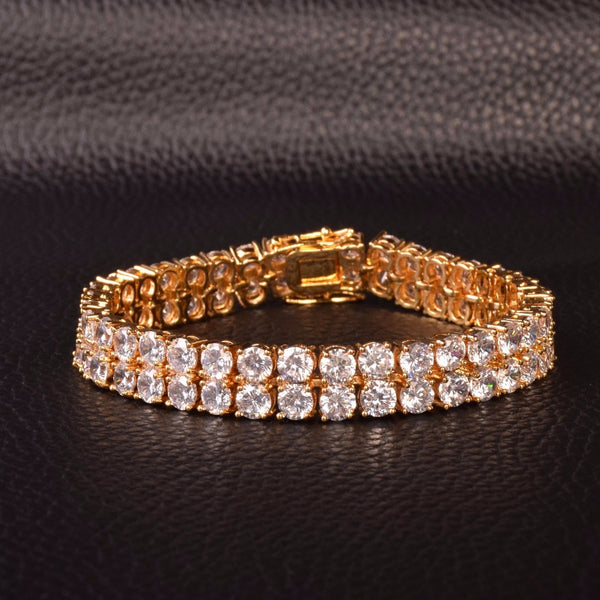 Mens Zircon Tennis Bracelet Chain Charm Hip Hop Style Fashion Jewelry Iced Finish 2 Row Gold Color Tone AAA CZ Bracelet Link 8