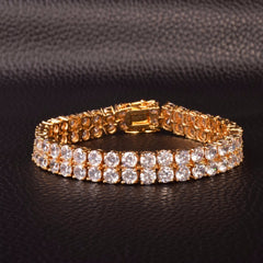 Mens Zircon Tennis Bracelet Chain Charm Hip Hop Style Fashion Jewelry Iced Finish 2 Row Gold Color Tone AAA CZ Bracelet Link 8" | Vimost Shop.