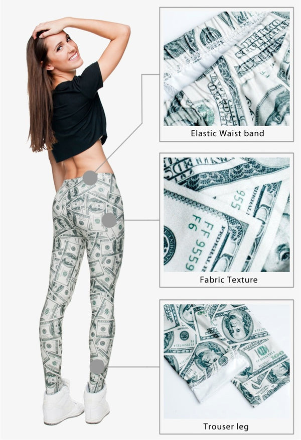 Women Money Dollar Graphic Full Printing Pants Legins Ladies Legging Stretchy Trousers Slim Fit Leggings | Vimost Shop.