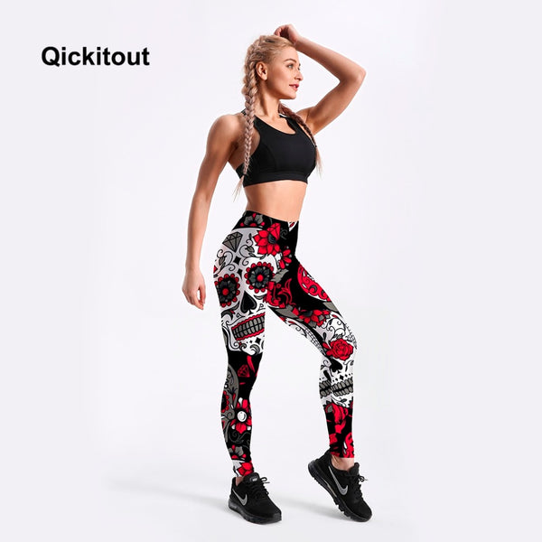 Women's Skull&flower Black Leggings Digital Print Pants Trousers Stretch Pants Plus Size | Vimost Shop.