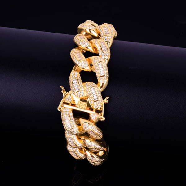 22mm Baguette Zircon Miami Cuban Link Bracelet Iced out Men's Hip hop Street Rock Jewelry Gold Color Chain 7