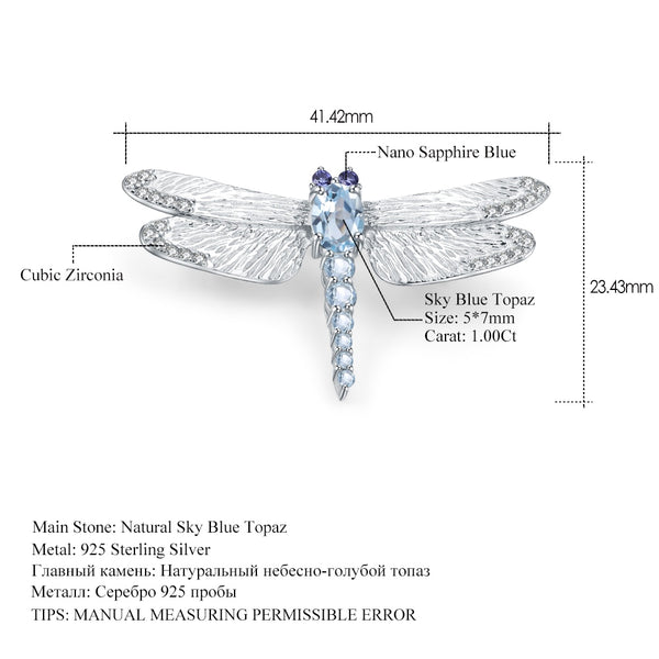 1.41Ct Natural Sky Blue Topaz Brooch 925 Sterling Sliver Handmade Design Dragonfly Brooches For Women Fine Jewelry | Vimost Shop.
