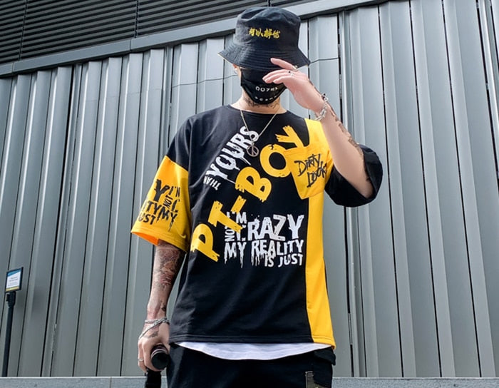 Men Color Patchwork Letter Print Male Short Sleeve Hip Hop Tops Summer T Shirt Couple Harajuku Streetwear | Vimost Shop.