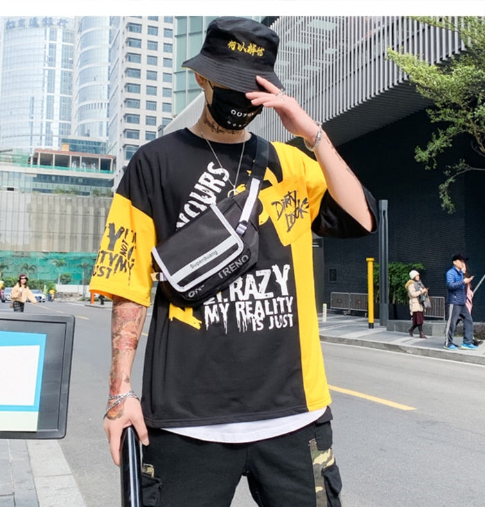 Men Color Patchwork Letter Print Male Short Sleeve Hip Hop Tops Summer T Shirt Couple Harajuku Streetwear | Vimost Shop.