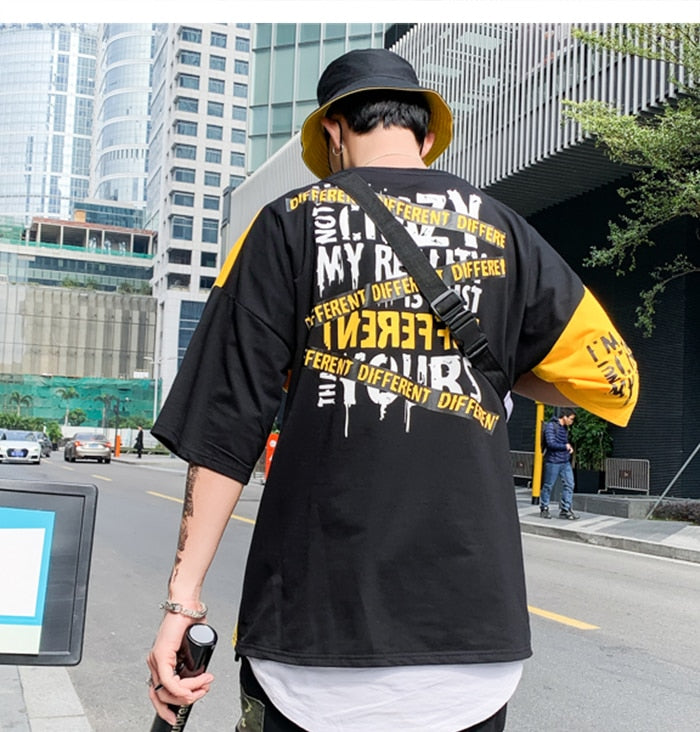 Men Color Patchwork Letter Print Male Short Sleeve Hip Hop Tops Summer T Shirt Couple Harajuku Streetwear | Vimost Shop.