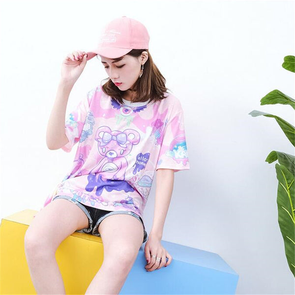 Women Bear Printed T-Shirt Harajuku Style Short Sleeve Summer T Shirts Casual Character O-Neck Tops | Vimost Shop.