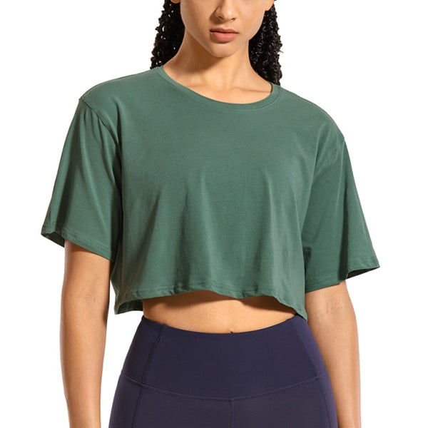 Women's Pima Cotton Workout Crop Tops Short Sleeve Running T-Shirts Casual Athletic Tees