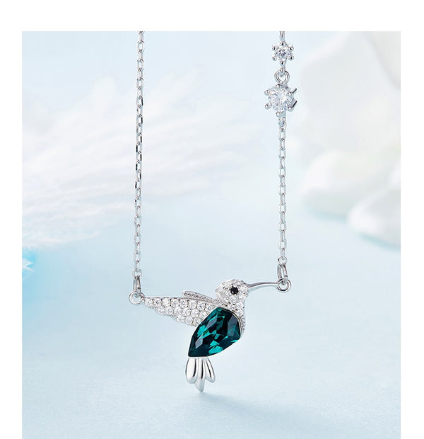 Hummingbird collier ras du cou with Green Crystal from Swarovski Silver 925 Necklace with Zircon for Mother Gifts Jewelry | Vimost Shop.