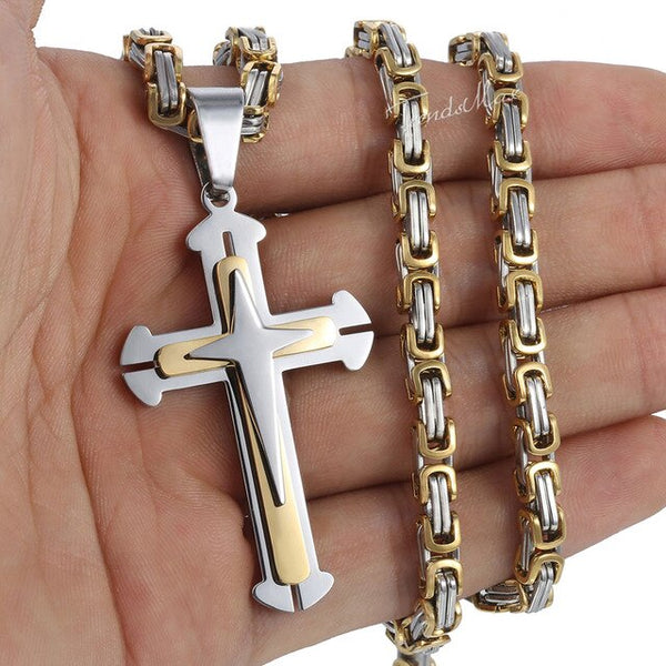 Men's Cross Necklace Gold Black Cross Pendant Stainless Steel Byzantine Chain Necklace  Hip Hop Male Jewelry | Vimost Shop.