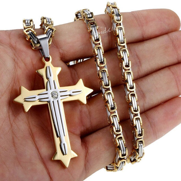 Men's Cross Necklace Gold Black Cross Pendant Stainless Steel Byzantine Chain Necklace  Hip Hop Male Jewelry | Vimost Shop.