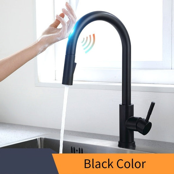 Pull Out Black Sensor Kitchen Faucets Stainless Steel Smart Induction Mixed Tap Touch Control Sink Tap Torneira De