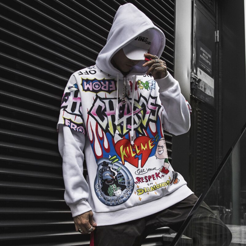 Men Fake 2 Pieces Hoodies For Men Letter Graffiti Harajuku High Street Style Oversize Hip Hop Fleece Couple Sweatshirt