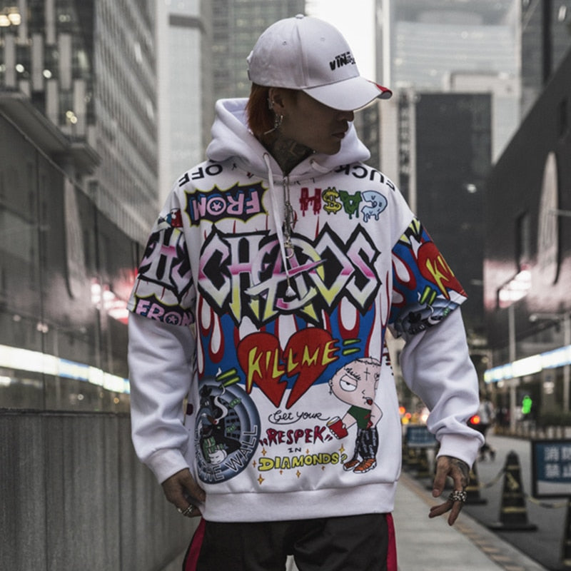 Men Fake 2 Pieces Hoodies For Men Letter Graffiti Harajuku High Street Style Oversize Hip Hop Fleece Couple Sweatshirt