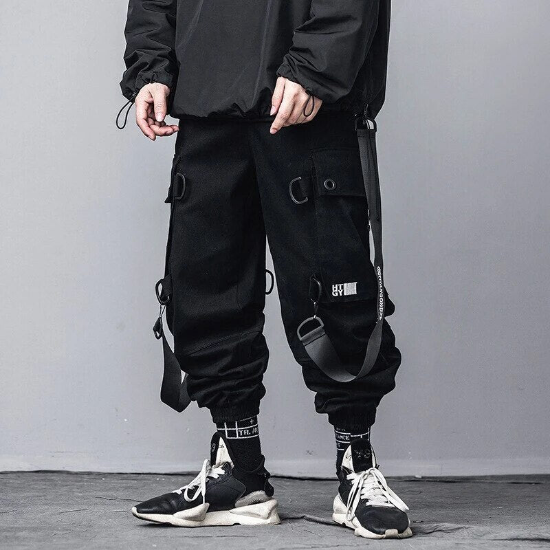 Kanji Ribbons Cargo Pants Men Multi Pockets Harajuku Hip Hop Streetwear Joggers Trouser Techwear Pants | Vimost Shop.