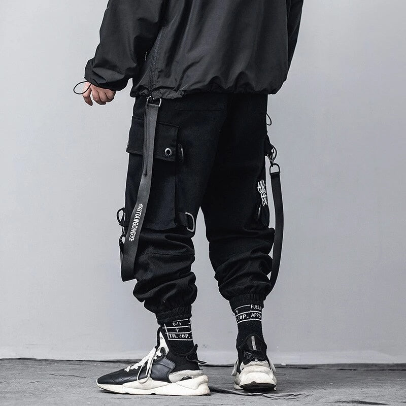 Kanji Ribbons Cargo Pants Men Multi Pockets Harajuku Hip Hop Streetwear Joggers Trouser Techwear Pants | Vimost Shop.