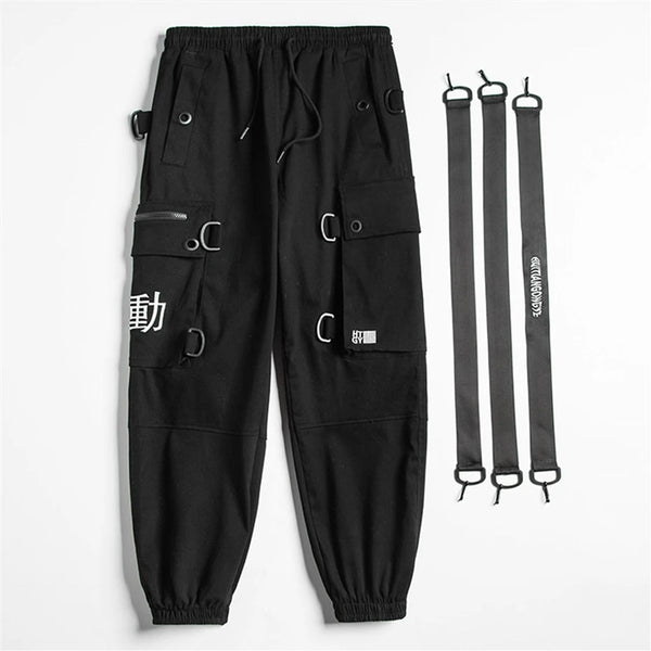 Kanji Ribbons Cargo Pants Men Multi Pockets Harajuku Hip Hop Streetwear Joggers Trouser Techwear Pants | Vimost Shop.