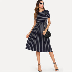 Navy Elegant Round Neck Short Sleeve Mixed Stripe Natural Waist Smock Dress Summer Women Weekend Casual Dresses | Vimost Shop.