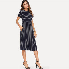 Navy Elegant Round Neck Short Sleeve Mixed Stripe Natural Waist Smock Dress Summer Women Weekend Casual Dresses | Vimost Shop.