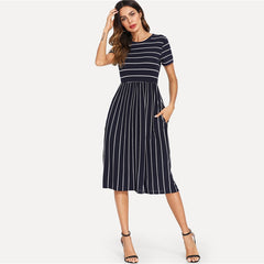 Navy Elegant Round Neck Short Sleeve Mixed Stripe Natural Waist Smock Dress Summer Women Weekend Casual Dresses | Vimost Shop.