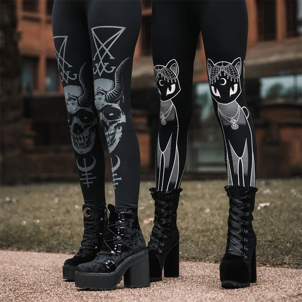 Gothic Leggings For Women Ouija Workout Pants Dark Rose Black Cat Printing Skull Leggins Devil Satan Leggings | Vimost Shop.