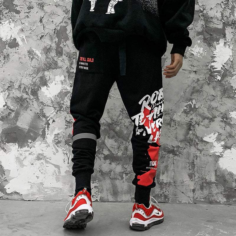 Sweatpants Cool Letter Print Pants Men Harajuku Patchwork Ribbon Harem Pants Streetwear | Vimost Shop.