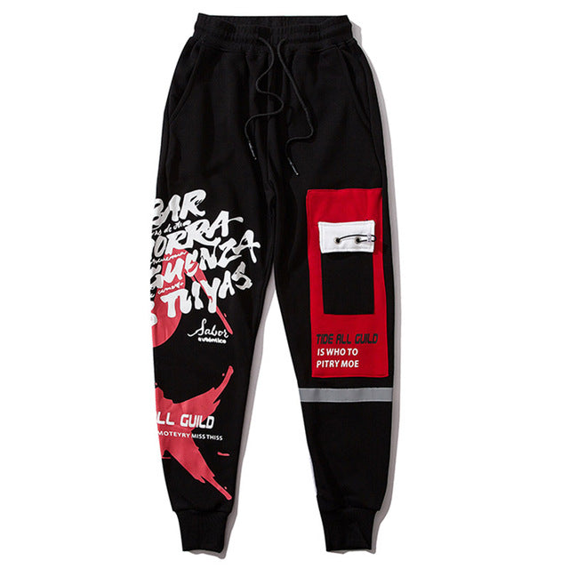 Sweatpants Cool Letter Print Pants Men Harajuku Patchwork Ribbon Harem Pants Streetwear | Vimost Shop.