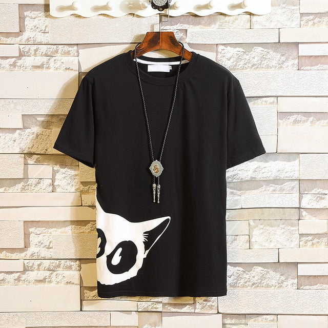 Funny Anime Cat Print O-Neck Fitness Black Tshirt Men White Oversized Hip-hop Cotton Tees Male Summer Streetwear Fashion T shirt | Vimost Shop.