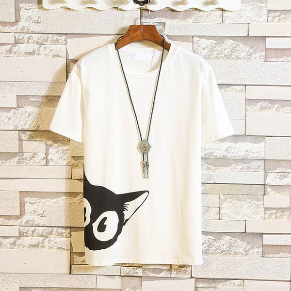 Funny Anime Cat Print O-Neck Fitness Black Tshirt Men White Oversized Hip-hop Cotton Tees Male Summer Streetwear Fashion T shirt | Vimost Shop.