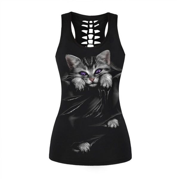 Fashion Gothic Women Vest Shirt Black Cat Round Neck Hollow Sleeveless Tank Tops Plus Size Streetwear Top | Vimost Shop.