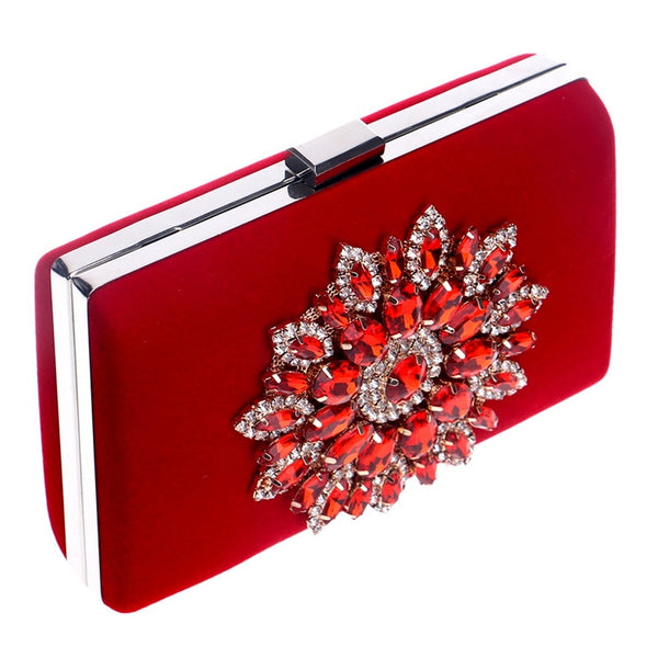 Flower Rhinestones Women Handbags Red Black Purple Gold Chain Shoulder Bags Metal Day Clutches Purse Wedding Wallets