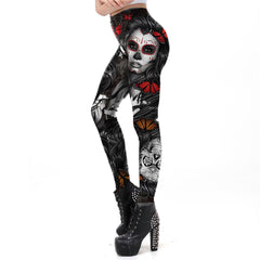 Halloween Sugar Skull Leggings For Women Girl Rose Print Fantastic Workout Party Ankle Pant
