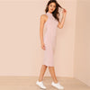 Pink Mock Neck Rib Knit Plain Pencil Dress Women Stand Collar Sleeveless Slim Dress Elegant Going Out Bodycon Dress | Vimost Shop.