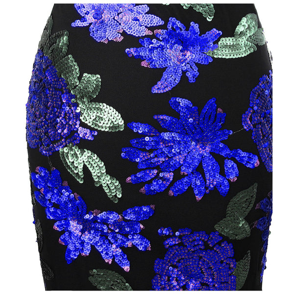 Women's Long Sleeve Pattern Blue Flower Sequin Beading Evening Dress | Vimost Shop.