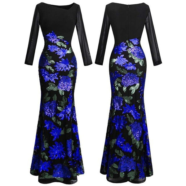 Women's Long Sleeve Pattern Blue Flower Sequin Beading Evening Dress | Vimost Shop.