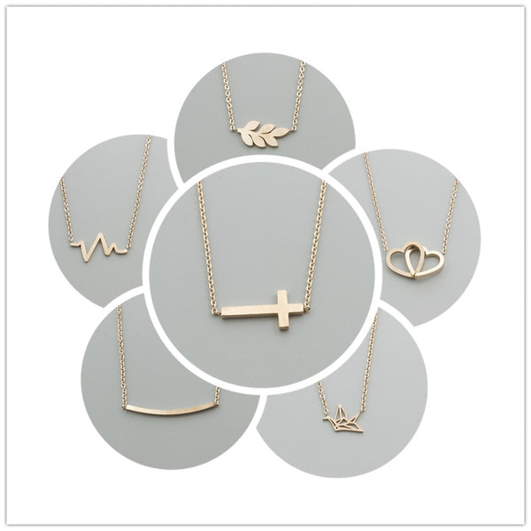 tainless Steel Statement Leaf Heartbeat Cross Necklaces Heart to Heart Crane Bar Crucifix Jesus Rose Gold | Vimost Shop.