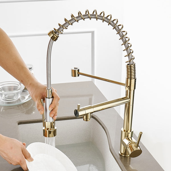 Kitchen Faucets Gold Torneira Para Cozinha Faucet for Kitchen Sink Single Pull Out Spring Spout Mixers Hot Cold Water Tap