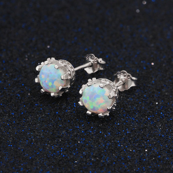 925 Sterling Silver Flower Stud Earrings Round Created Blue Pink White Opal Earrings for Women Party Fine Jewelry | Vimost Shop.