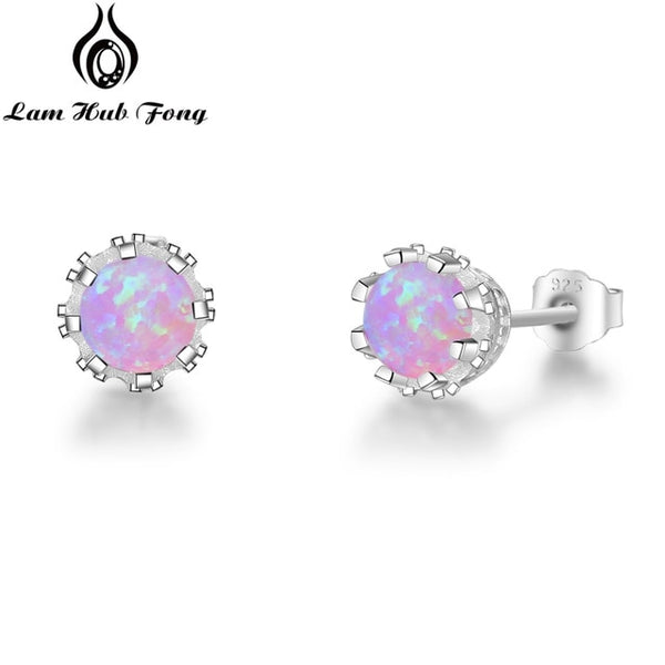 925 Sterling Silver Flower Stud Earrings Round Created Blue Pink White Opal Earrings for Women Party Fine Jewelry | Vimost Shop.