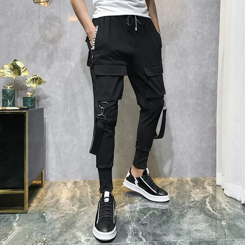 Streetwear Men Ribbons Color Block Black Pocket Cargo Pants  Harem Joggers Harajuku Sweatpant Hip Hop Trousers Casual Pants | Vimost Shop.