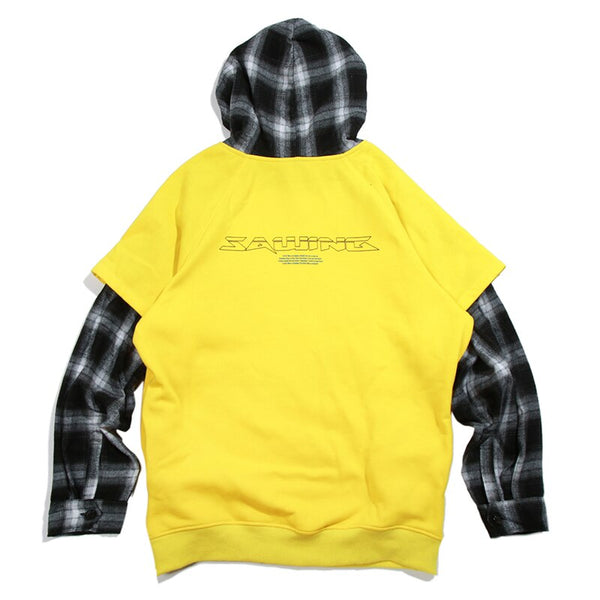 Hoodies Men Fake 2 Pieces Men Hooded Pullover Oversize Style Plaid Print Sleeve Sweatshirt Lover High Street Streetwear