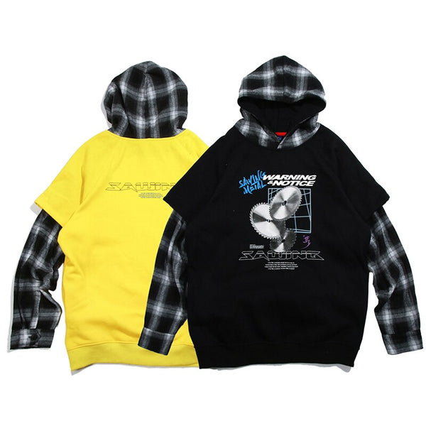 Hoodies Men Fake 2 Pieces Men Hooded Pullover Oversize Style Plaid Print Sleeve Sweatshirt Lover High Street Streetwear